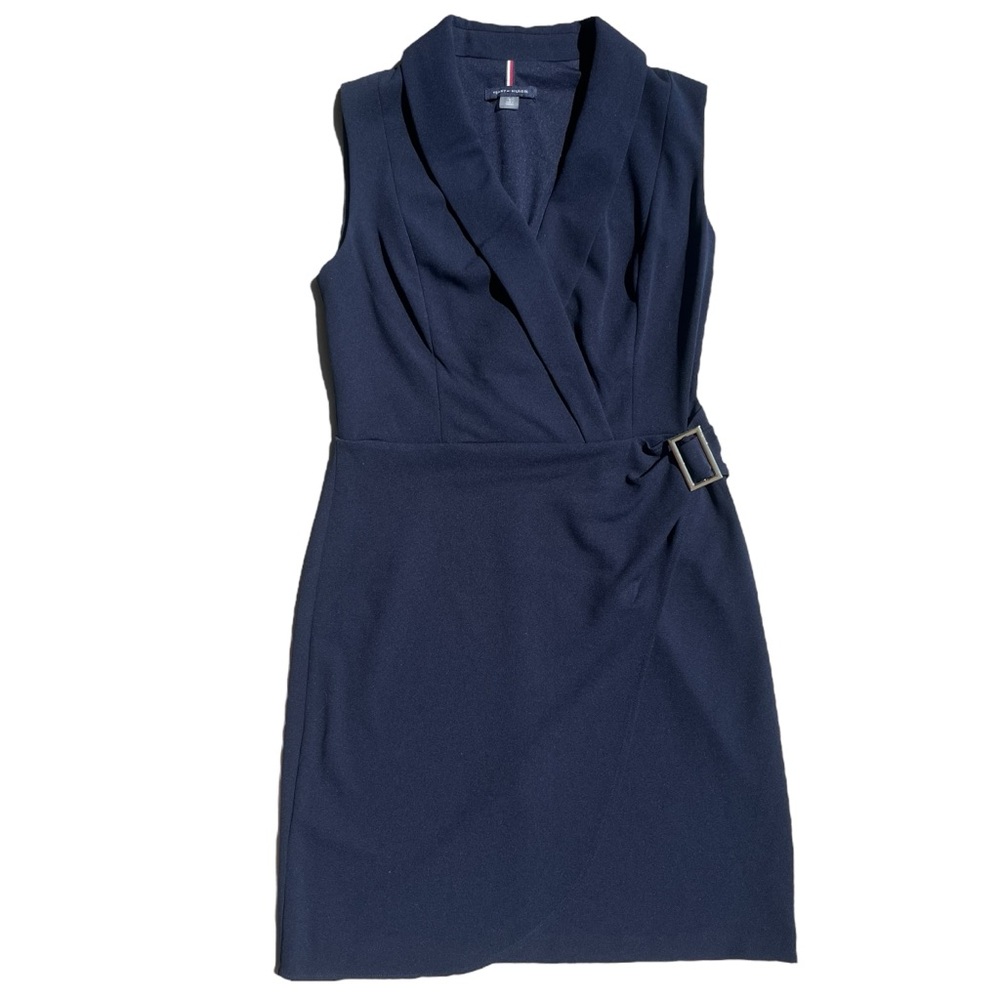 Tommy‎ Hilfiger Women’s 2 Navy Collared V-neck Sleeveless Blazer Wrap Midi Dress
